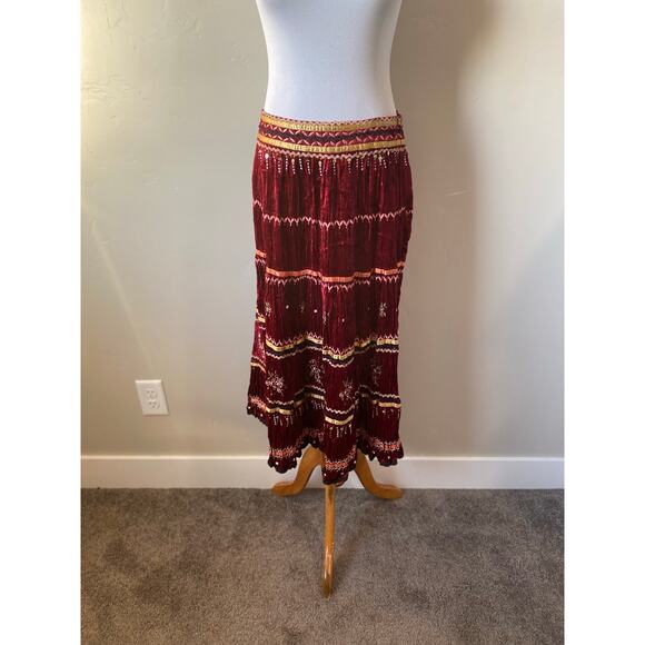 Chaudry KC Boho Red Tiered Sequin Floral Embroidered Velvet Midi Skirt- Sz Large - Picture 10 of 13